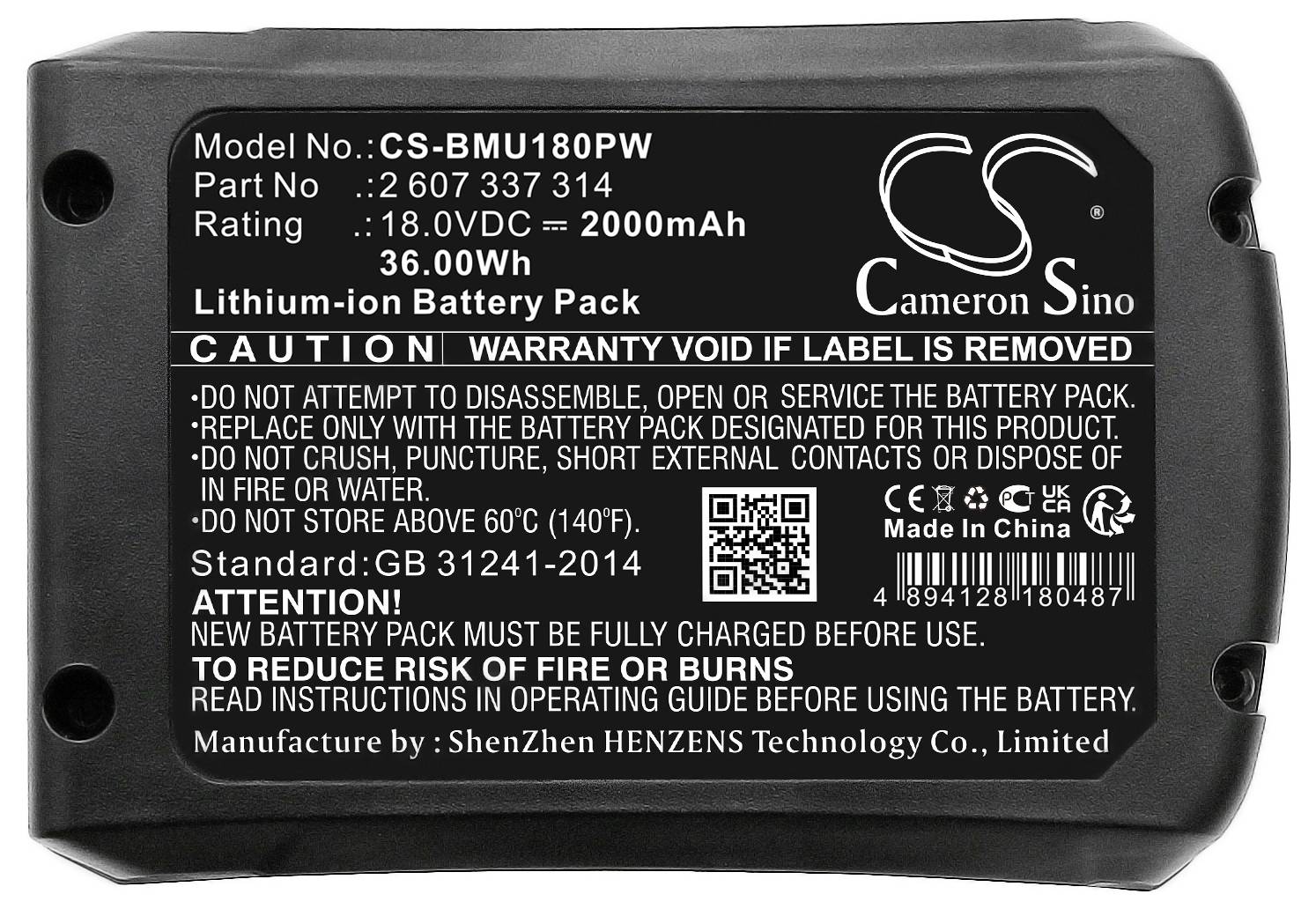 Černá lithium-iontová baterie s kapacitou 2000mAh a 36Wh. Obsahuje výstražná upozornění a výrobní informace od Cameron Sino.