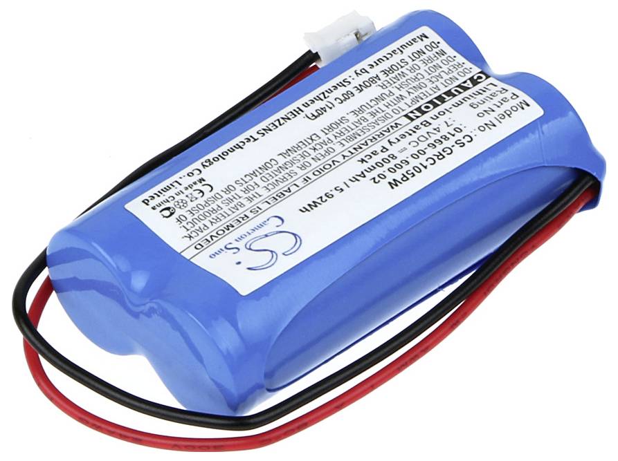 Modrá lithium-iontová baterie se dvěma kabely a připojovacím konektorem. Obsahuje technické specifikace a výstražná upozornění na štítku.