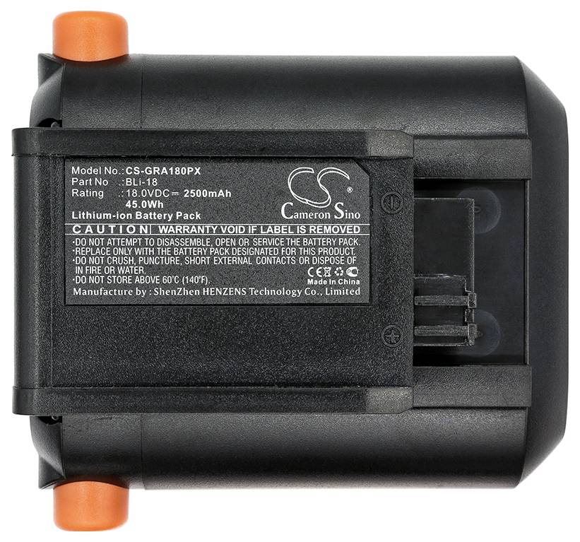 Černý lithium-iontový akumulátorový pack, informace o modelu a výstražná upozornění na štítku. 18,00V, 2500mAh.