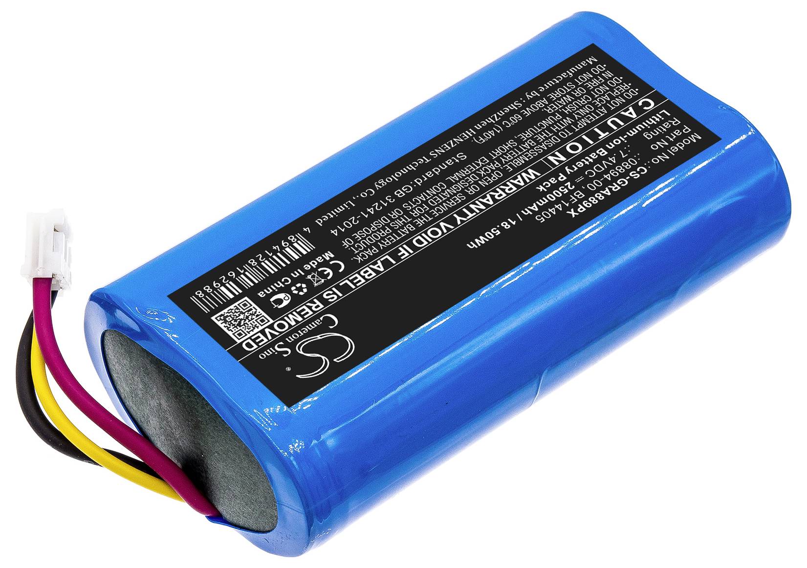 Modrá lithium-iontová baterie s několika kabely a konektory. Černý štítek s technickými údaji a výstražnými pokyny na horní straně.