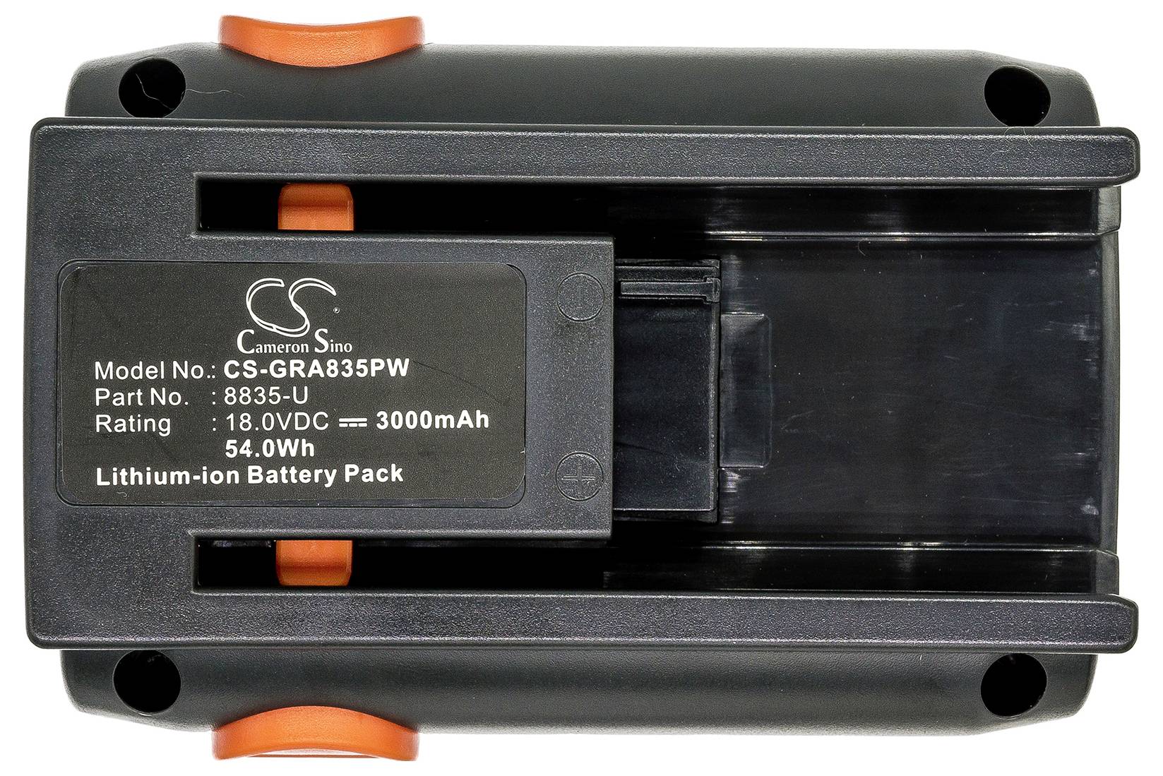 Černá lithium-iontová baterie od Cameron Sino s modelovým číslem CS-GRA835PW. Napětí: 18,0V DC, kapacita: 3000mAh, energie: 54,0Wh.