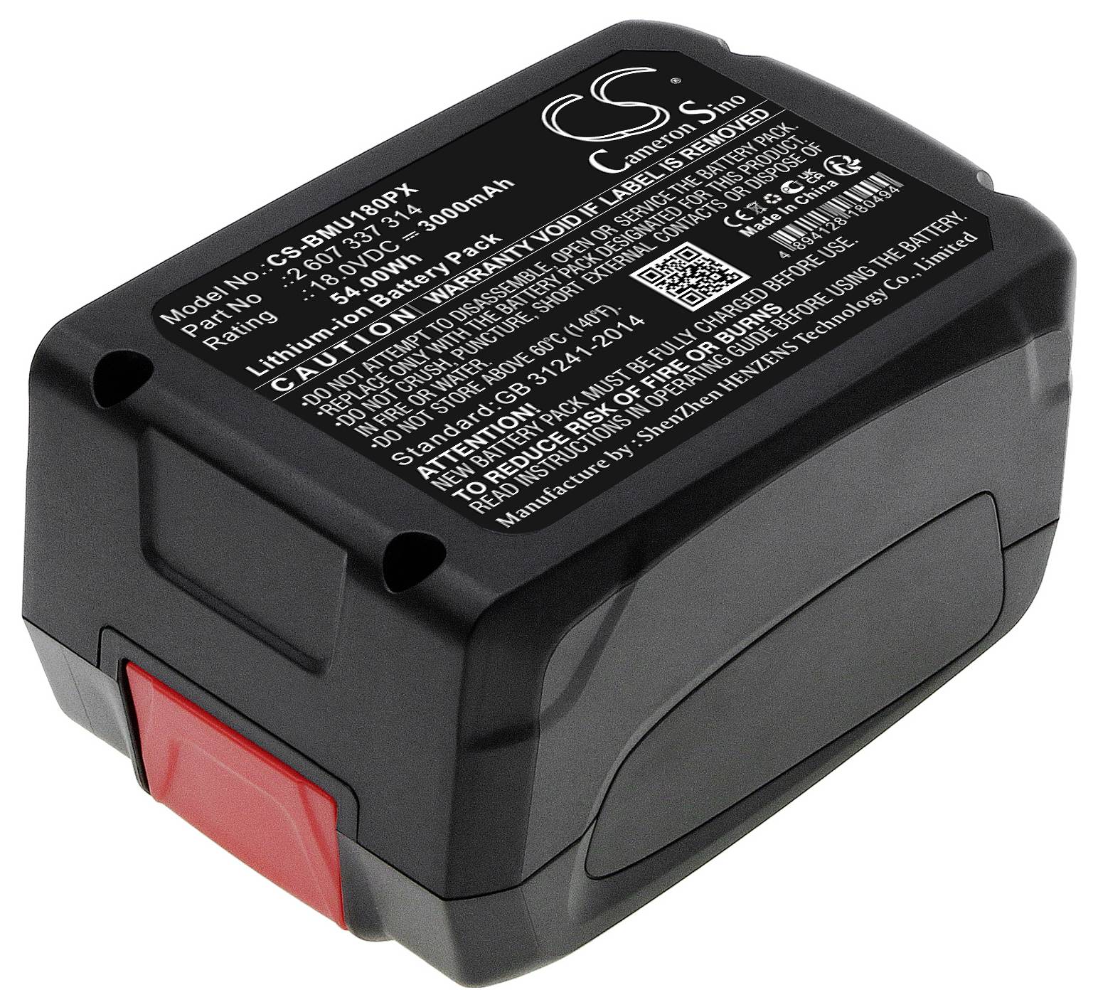 Černá lithium-iontová baterie s červeným spínačem, modelové číslo CS-BUN108PX, 7,4V, 3500mAh. Bílá výstražná upozornění na horní straně.