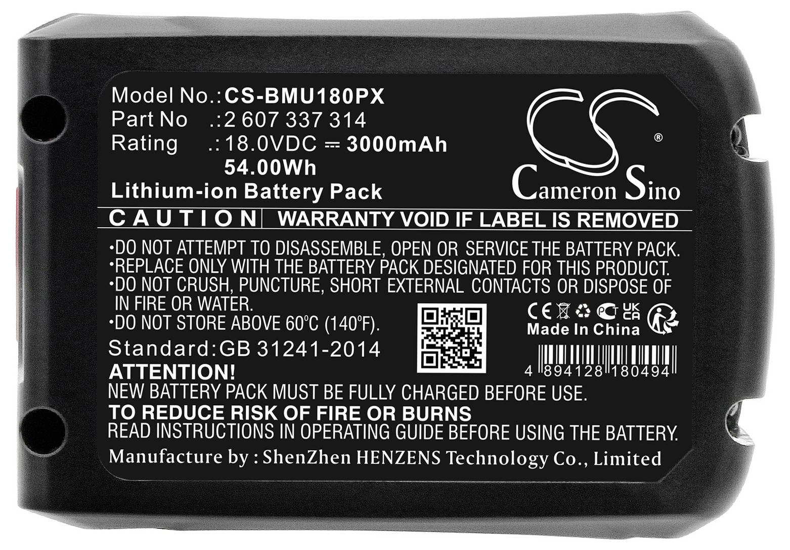 Lithium-iontový akumulátor, model CS-BMU180PX, 3000mAh, 18,0V, 54,00Wh. Štítek: Bezpečnostní upozornění pro bezpečné používání a standardy nabíjení.