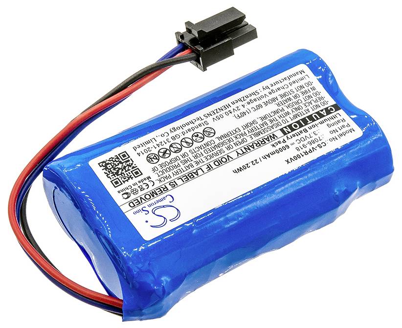 Modrá, obdélníková lithium-iontová baterie s kabelem a konektorem. Štítek zobrazuje technické specifikace a bezpečnostní opatření.