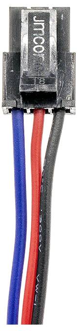 Třížilový kabel s černým, červeným a modrým drátem v černém plastovém konektoru.