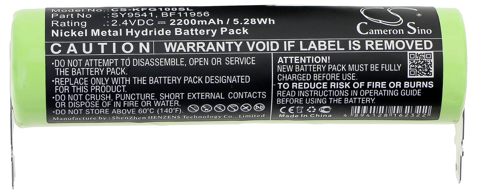 Bateriový pack nikl-metal hydrid 2,4V, 2200mAh, 5,28Wh. Výstražná upozornění: Nerozebírejte ani nevhazujte do ohně. Pozor na zkrat.