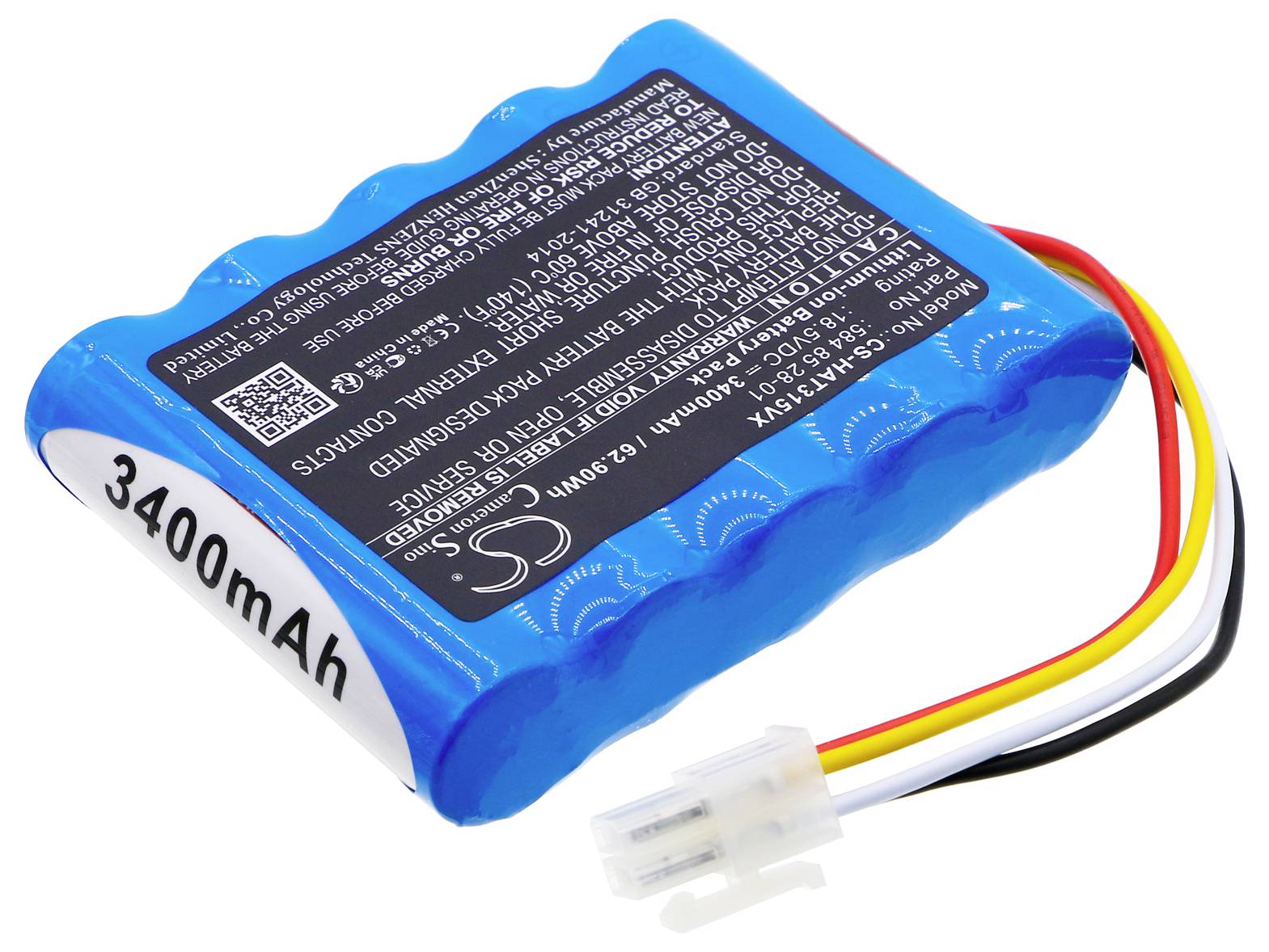 Modrá lithium-iontová baterie s nápisem '3400mAh'. Tři dráty jsou připojeny ke konektoru.