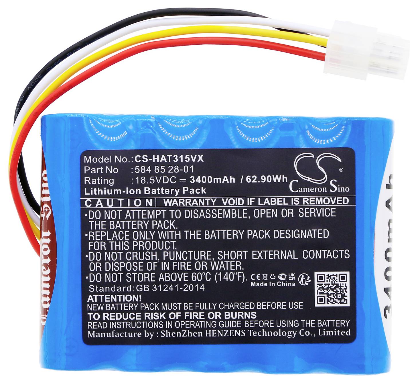 Modrá lithium-iontová baterie s technickými specifikacemi: 3400mAh, 62,90Wh, 18,5V. Vytištěná bezpečnostní upozornění.