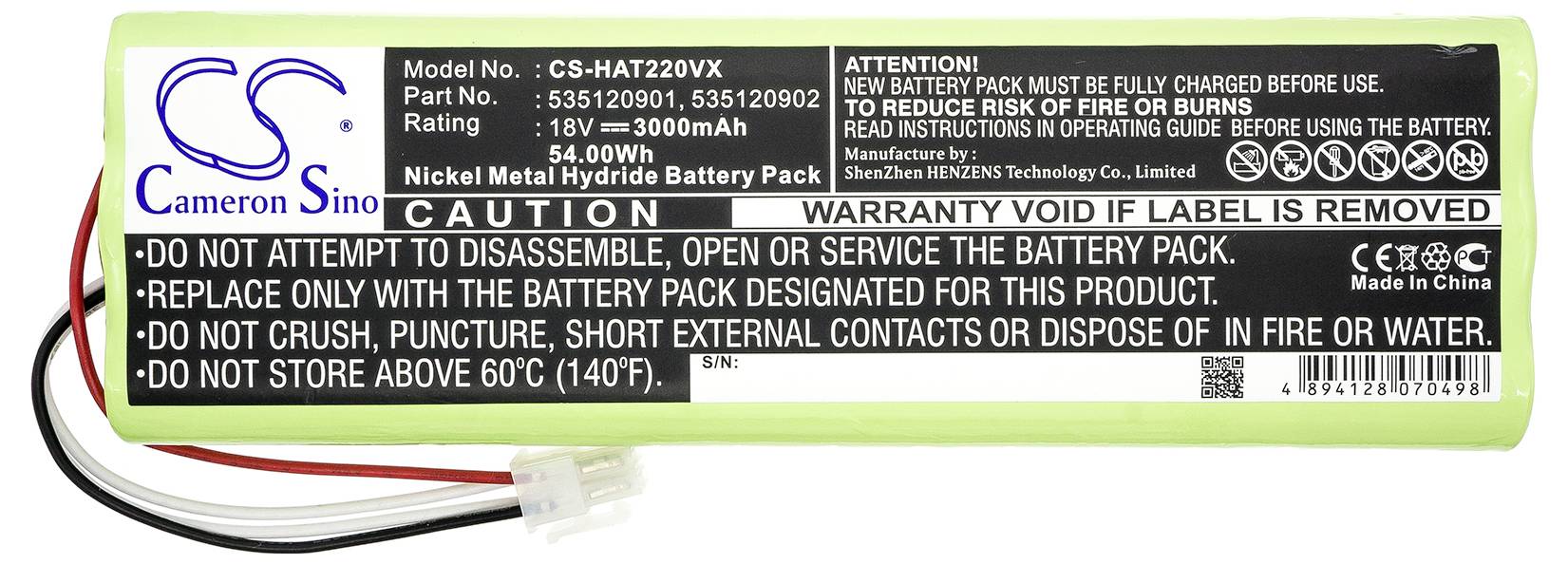 Nabíjecí baterie s technickými údaji: 18V, 3000mAh, 54,00Wh. Pokyny pro bezpečné zacházení a upozornění na ztrátu záruky.
