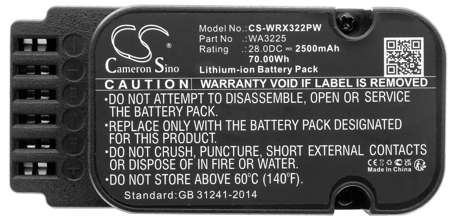 Lithium-iontová baterie, model CS-WRX322PW, 70,00 Wh, 28,08V, 2500mAh. Výstražná upozornění: Neotevírat, nemačkat, nevhazovat do ohně ani neskladovat při teplotách nad 60°C.
