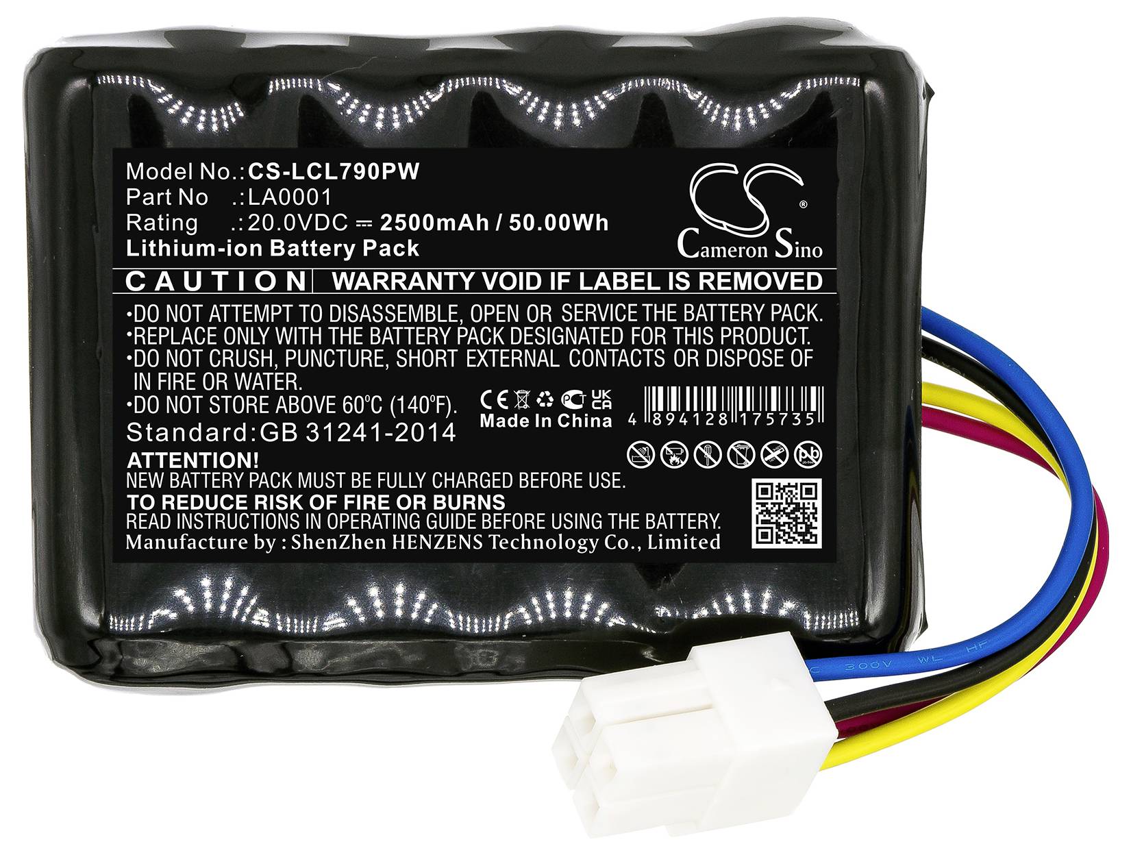 Lithium-iontová baterie s napětím 20,0 VDC a kapacitou 2500 mAh / 50,00 Wh. Bezpečnostní upozornění jsou uvedena.
