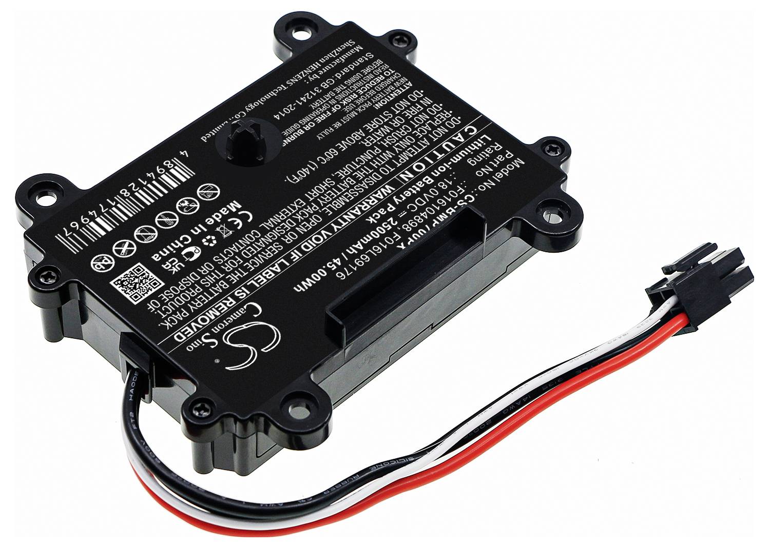 Elektronická součástka s kabelovými přípojkami, černým pouzdrem a bílým textovým potiskem s technickými specifikacemi; slouží k napájení.