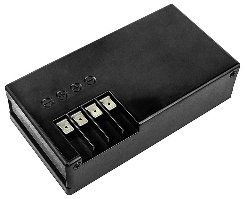 Černý bateriový box se čtyřmi sloty a označením pólů na horní straně, vhodný pro použití v elektronických zařízeních.
