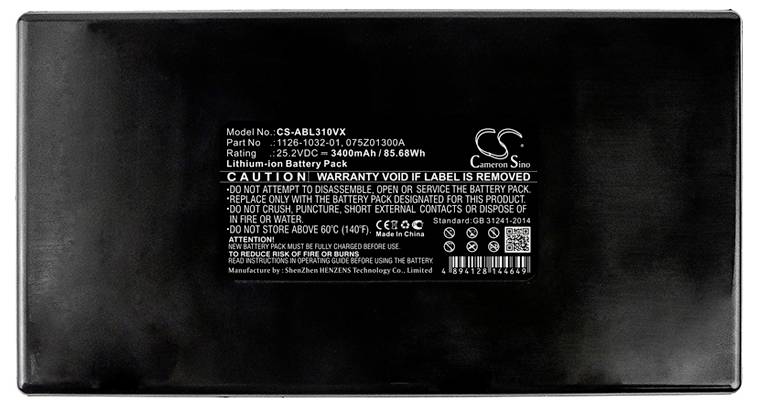 Černá lithium-iontová baterie se specifikacemi: Modelové číslo CS-ABL110VX, 9600 mAh, Bezpečnostní upozornění pro bezpečné použití.