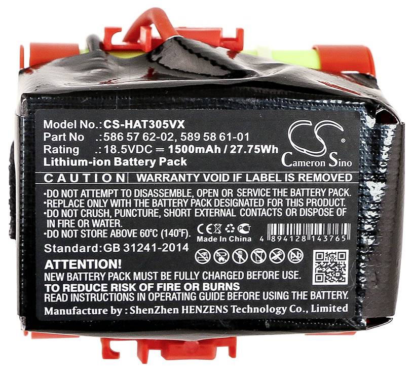'Lithium-ion-Akku-Pack' s modelem, číslem dílu a specifikacemi. Výstražná upozornění: Nerozebírejte, nevhazujte ani nevkládejte do ohně. Vyrobeno společností ShenZhen HENZENS Technology Co.