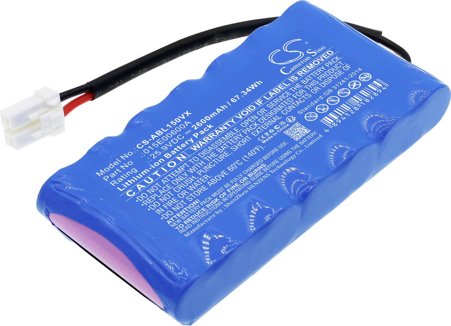 Modrá lithium-iontová baterie se specifikacemi a výstražnými pokyny na přední straně. Vhodná pro elektrické přístroje, kabelové připojení je viditelné.