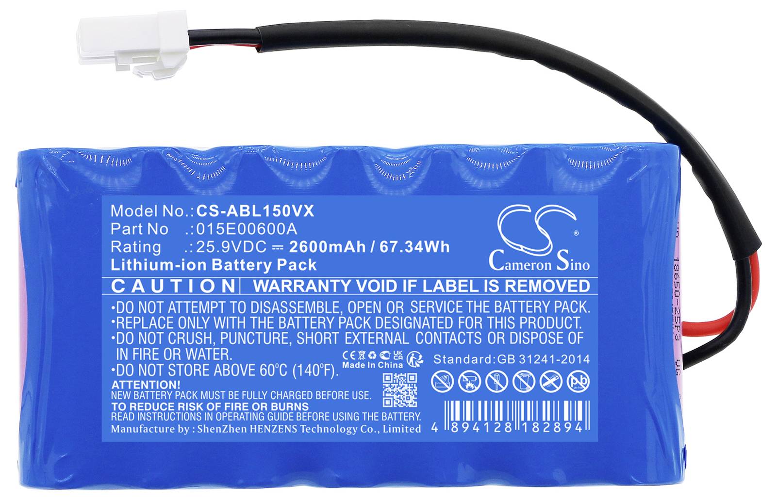 Modrá lithium-iontová baterie s kabely, kapacita 2600mAh, 67,34Wh. Výstražná upozornění a technické údaje na přední straně.