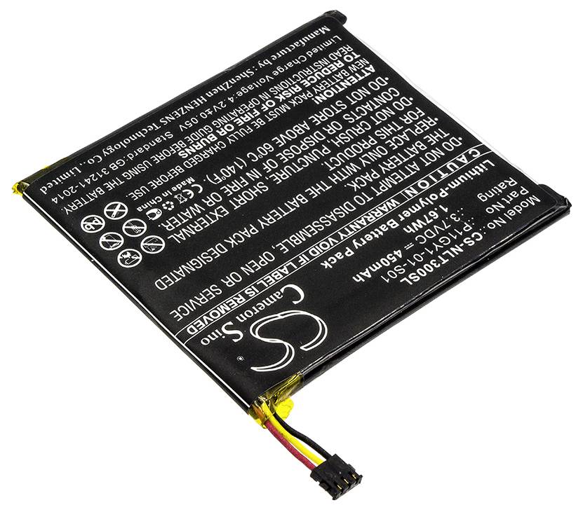 Obdélníková lithium-iontová baterie s technickými specifikacemi a výstražnými pokyny v bílém písmu na černém pozadí.