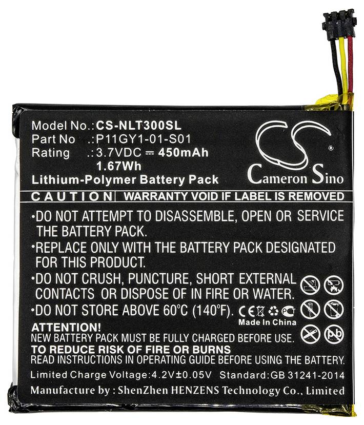 Lithium-polymerová baterie, model CS-NLT300SL, 3,7 V, 450 mAh. Varování: Nerozebírejte, vyhněte se ohni, používejte správně.