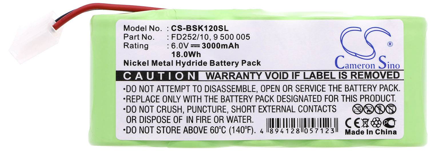 Zelený nikl-metalhydridový akumulátor od Cameron Sino, model CS-BSK120SL, 6,0V, 3000mAh, s bezpečnostními upozorněními.