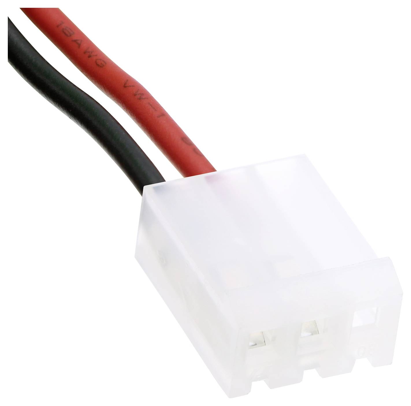 Bílý vícepólový konektor s červeným a černým kabelem, často používaný v elektronických zařízeních pro napájení.