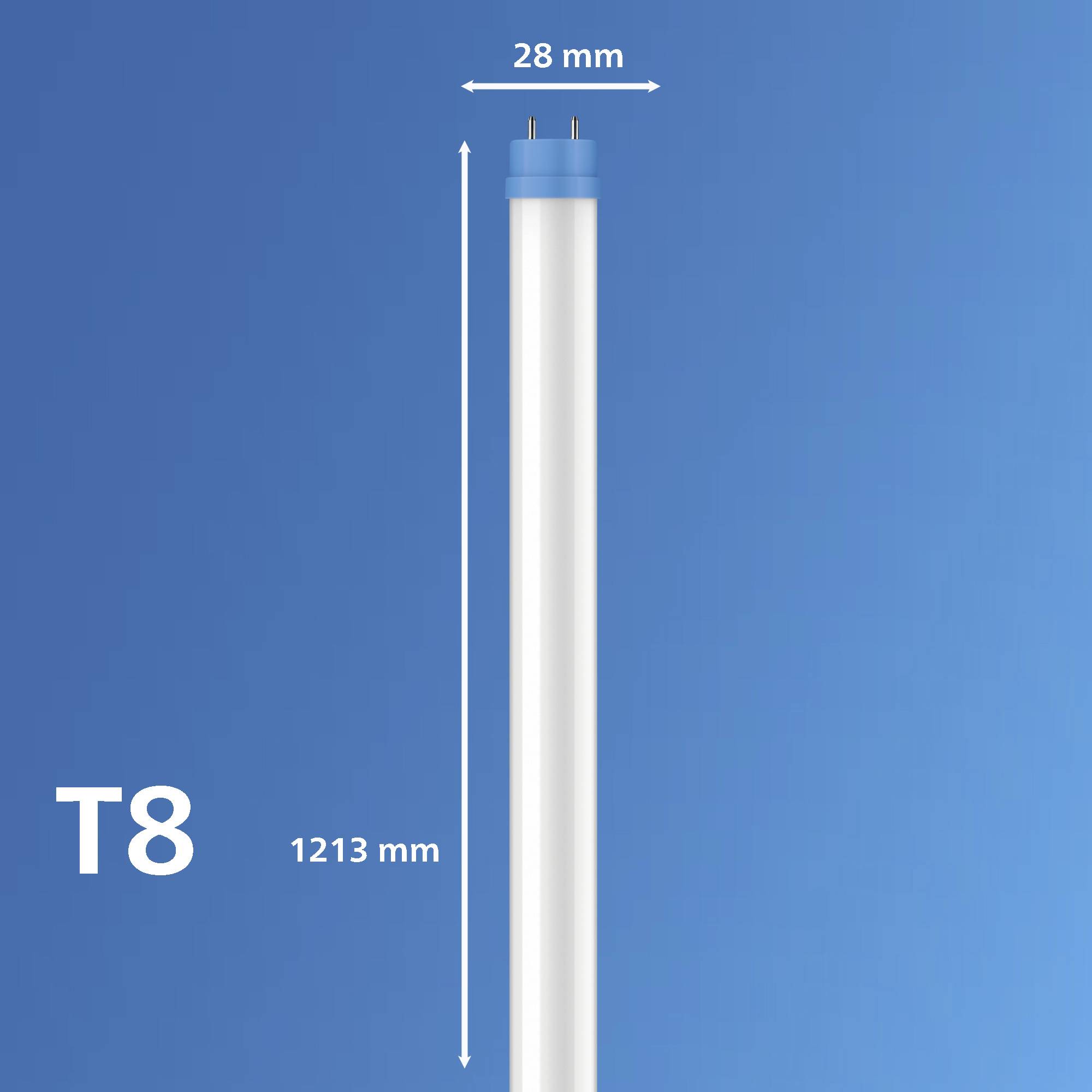 T8 LED zářivka, délka 1213 mm, průměr 28 mm před modrým pozadím.