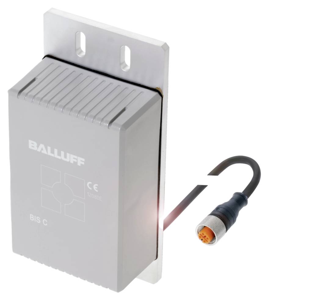 RFID čtečka/zapisovačka značky Balluff s připojeným kabelem. Zařízení má obdélníkové, šedé pouzdro.