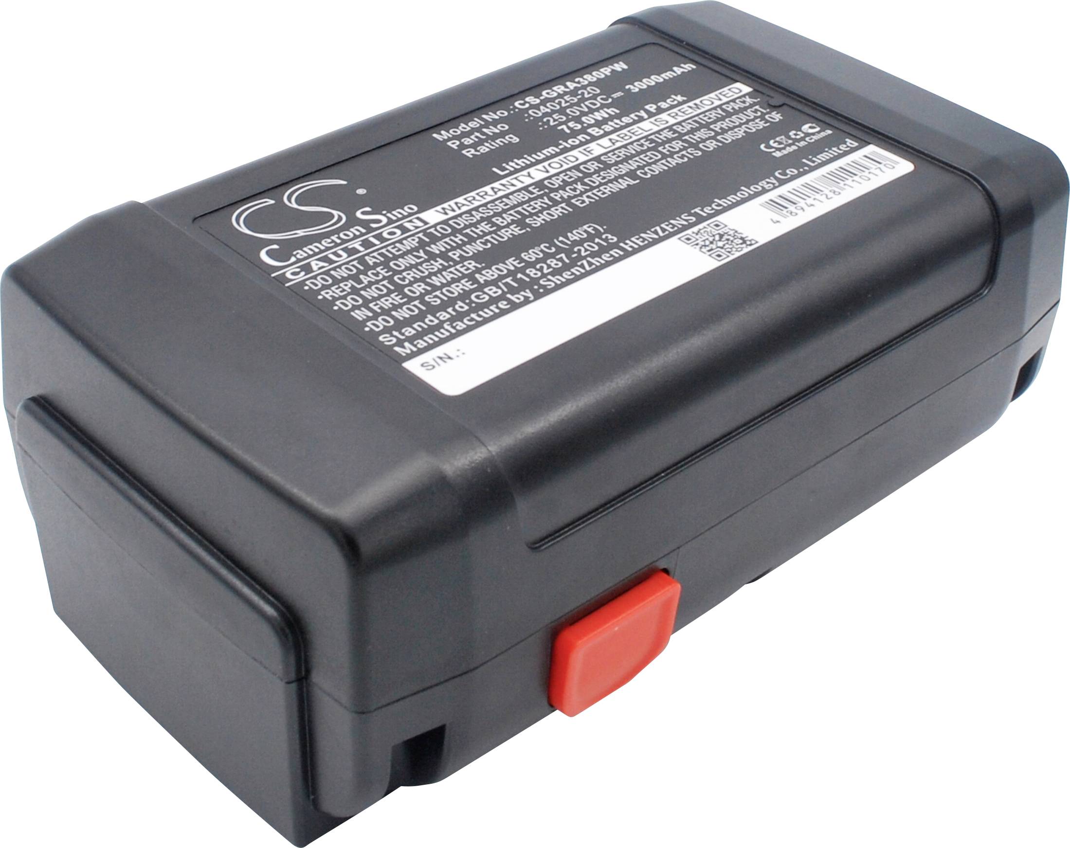 Černá lithium-iontová baterie s produktovým štítkem na horní straně. Obsahuje technické specifikace a číslo modelu.