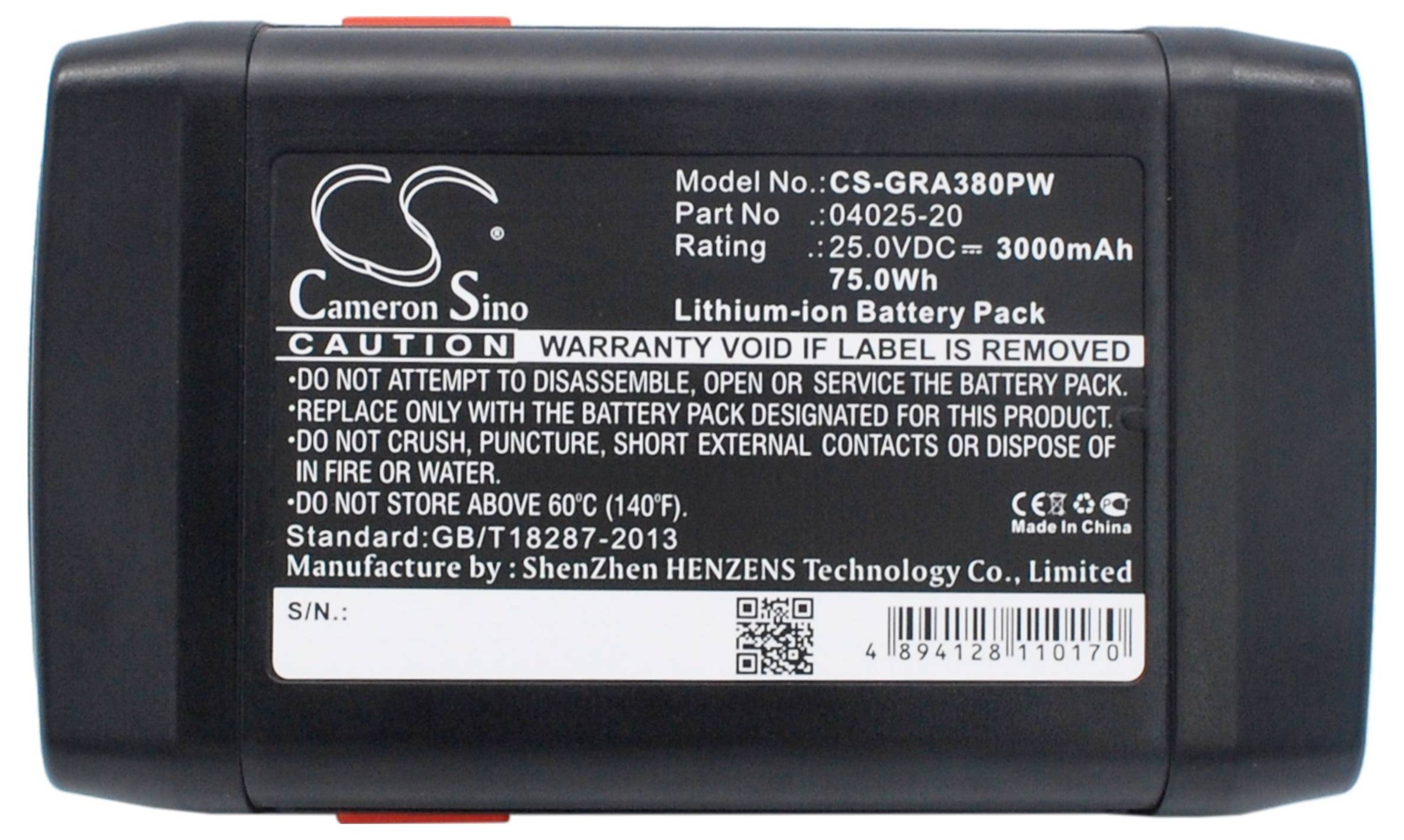 Černá lithium-iontová baterie s technickými specifikacemi: 25,0VDC, 3000mAh, 75,0Wh. Výstražná upozornění a údaje výrobce na štítku.