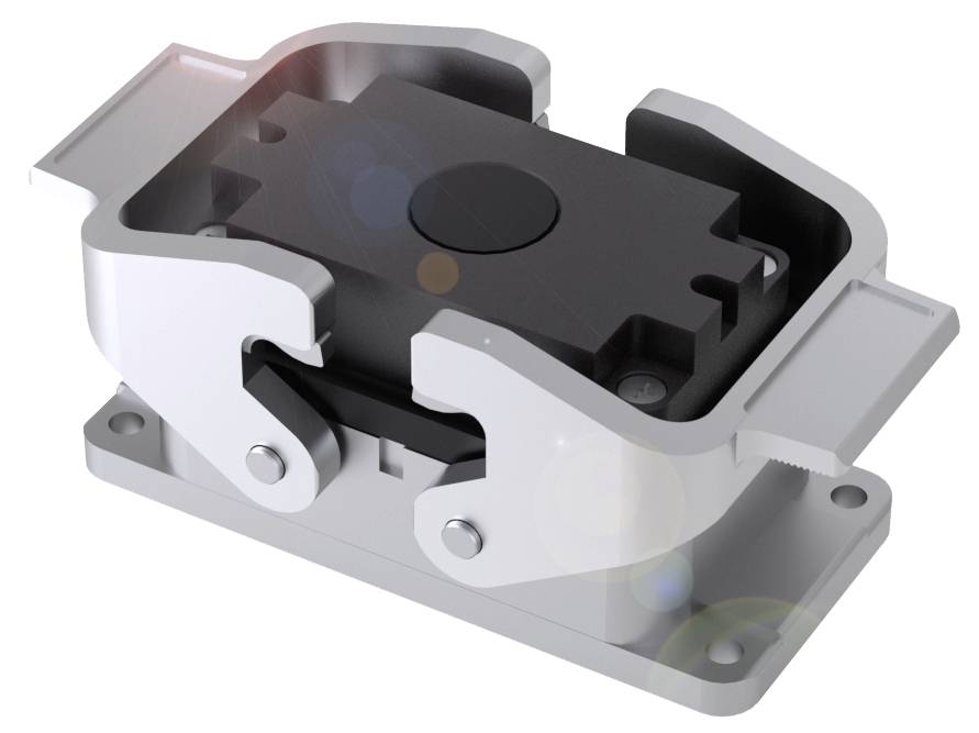 Kovové držák nebo upevnění s pohyblivými částmi, které by mohlo být využito pro mechanické nebo průmyslové aplikace.