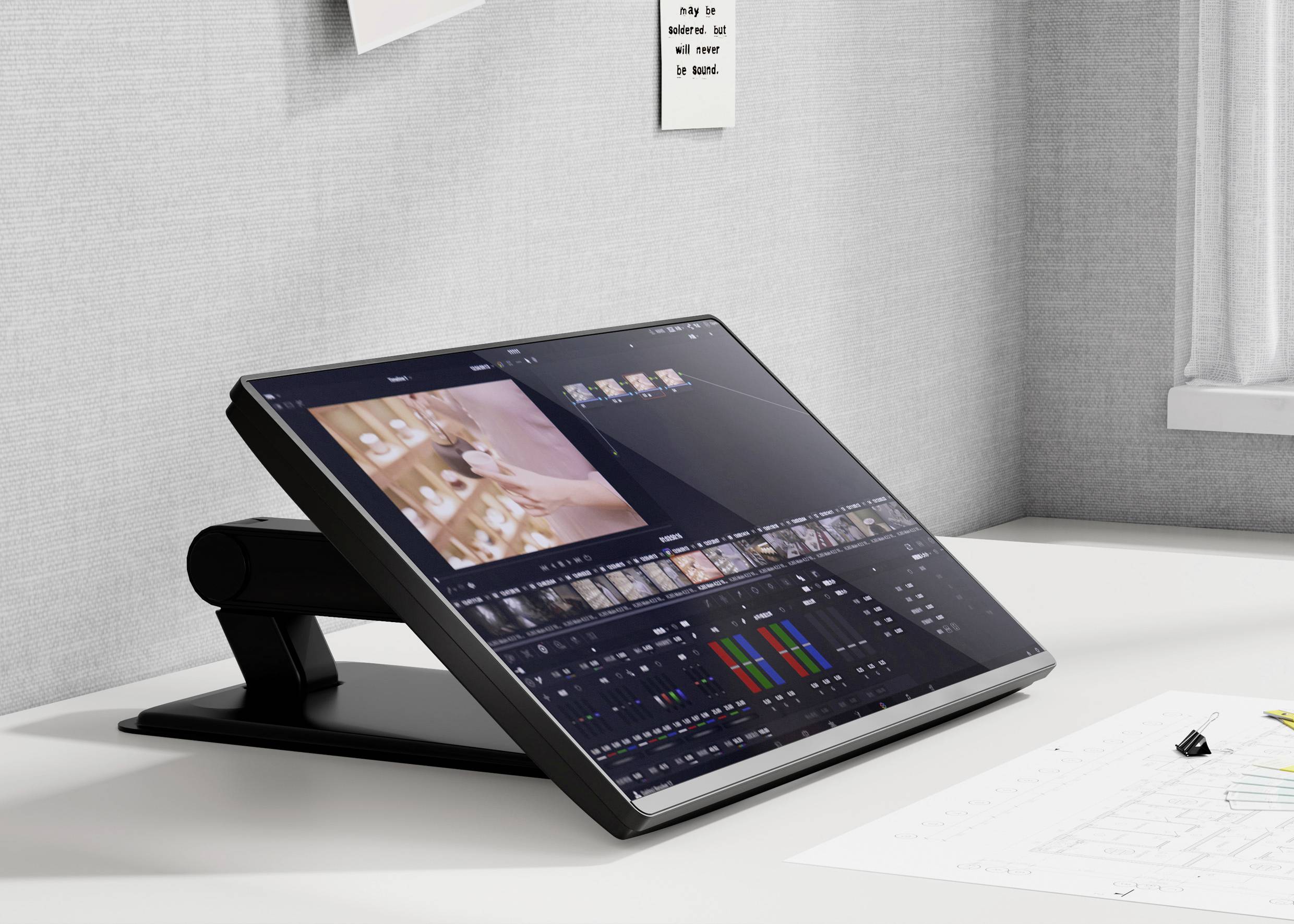 Monitor počítače zobrazující software pro úpravu videa je nakloněn na pracovním stole. Pracovní prostor je uspořádaný a osvětlený přirozeným světlem z okna.