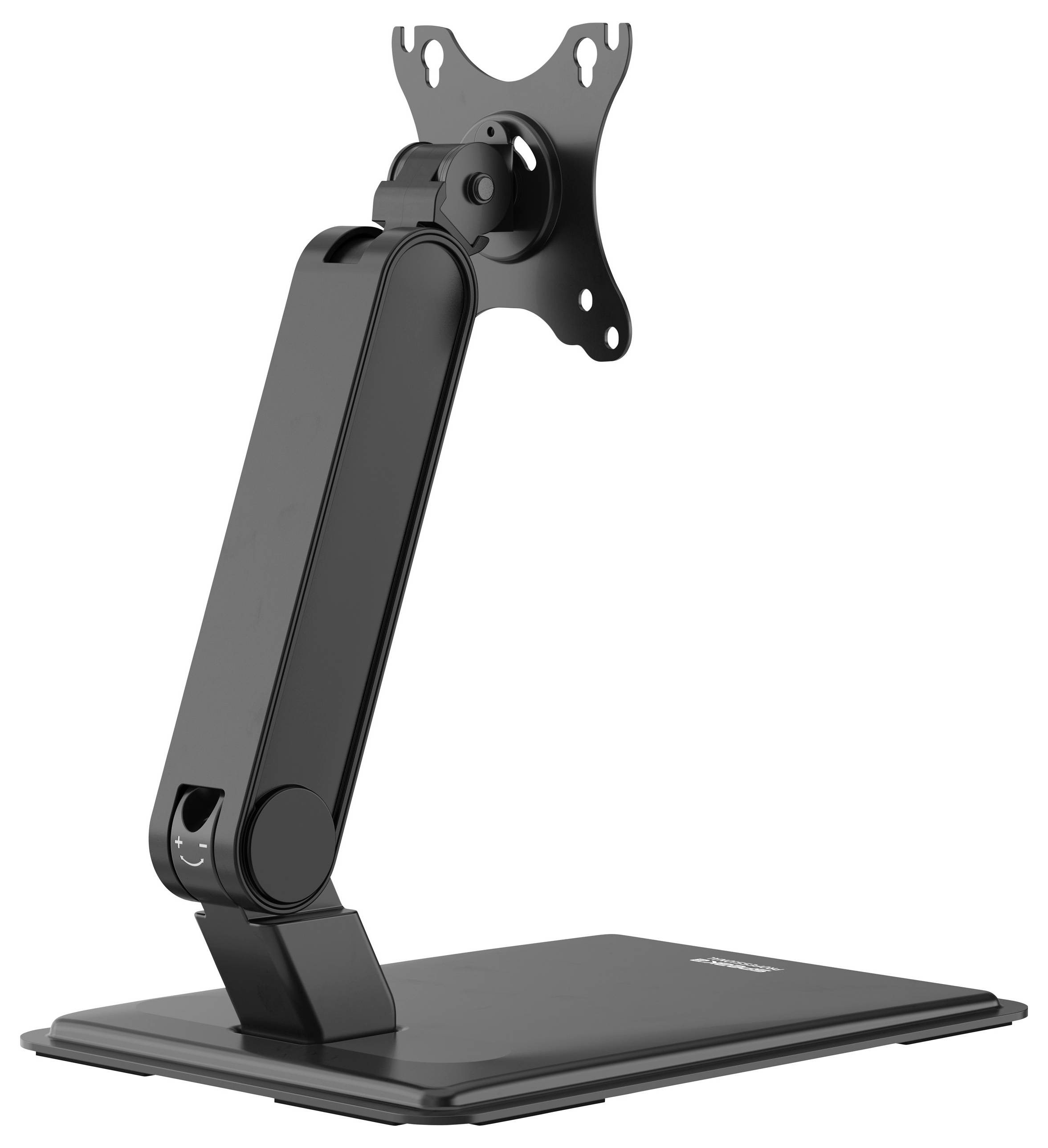 Stojan na monitor s nastavitelným ramenem a uchycením VESA na stabilní základně. Navrženo pro ergonomické umístění obrazovek.