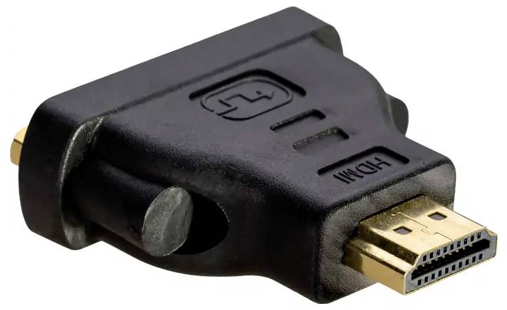 Černý HDMI-na-DVI adaptér se zlatými konektory, používaný k propojení HDMI kompatibilních zařízení s DVI porty.