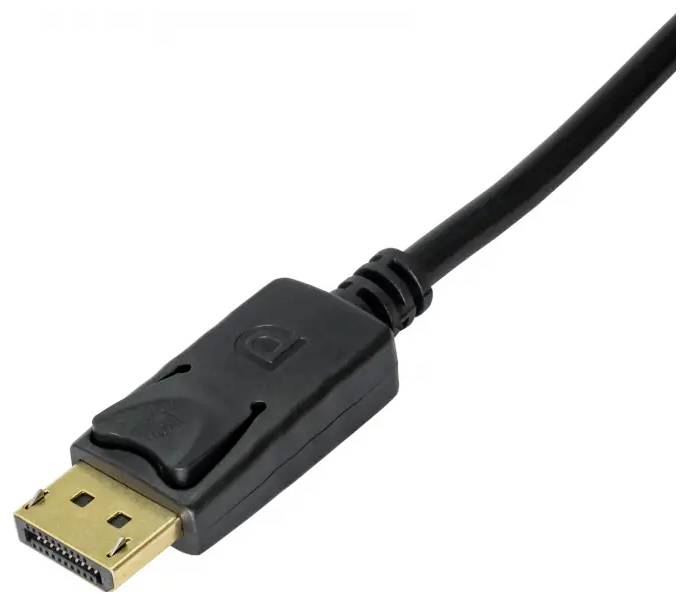 Černý DisplayPort kabel s konektorem, používaný pro připojení zařízení k přenosu audio a video signálů.