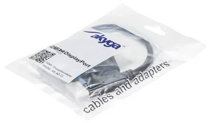 Obal HDMI-na-DisplayPort kabelu od Akyga, průhledný, zobrazuje kabel a název produktu s QR kódem.