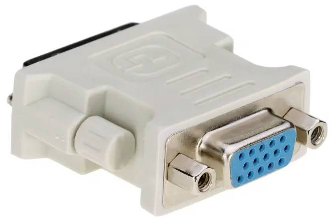 VGA-na-DVI adaptér v detailním záběru, který se používá k připojení VGA kabelu k DVI konektoru.