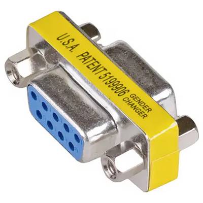 Genderový adaptér pro DB konektor s devíti modrými zásuvkami a žlutým pásem, na kterém je nápis 'U.S.A. Patent 5199906'.