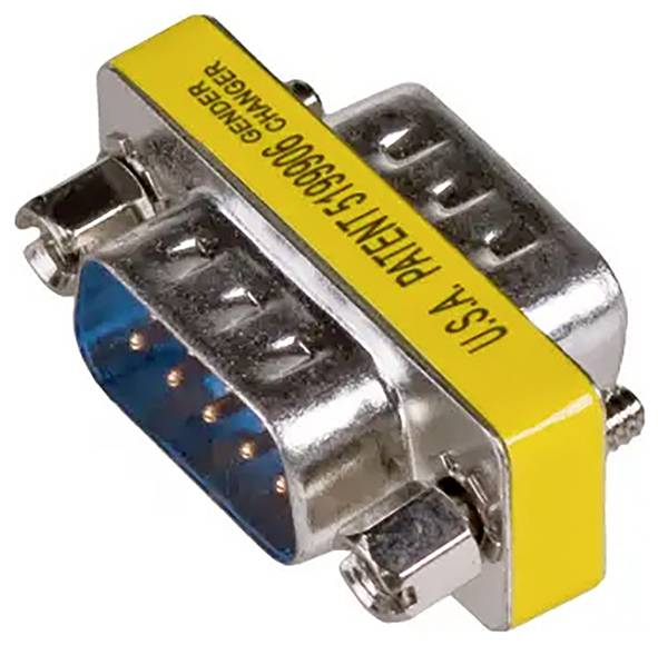 Stříbrný Sub-D konektor se žlutým štítkem s nápisem 'U.S.A. Patent 5198900 GENDER CHANGER', slouží ke změně typů připojení.