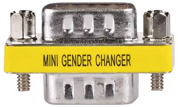 Kovový adaptér se žlutým pruhem, který je označen nápisem 'MINI GENDER CHANGER'. Spojuje různé typy konektorů.