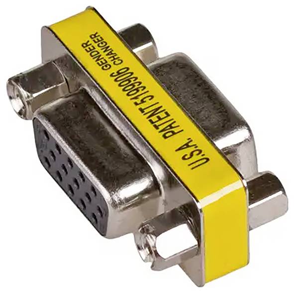 Adaptér Gender Changer s nápisem 'U.S.A. Patent 5199906'. Spojuje VGA konektory, malý a ve stříbrné barvě.