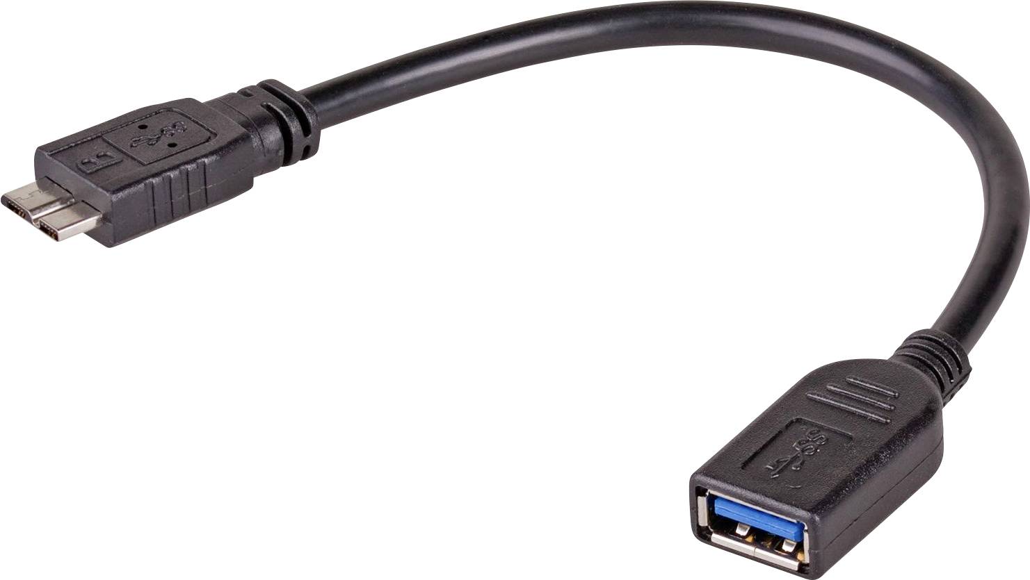 USB adaptérový kabel: Micro-USB konektor vlevo, USB 3.0 konektor vpravo. Černý kabel, zahnutý tvar. Vhodný pro přenos dat.