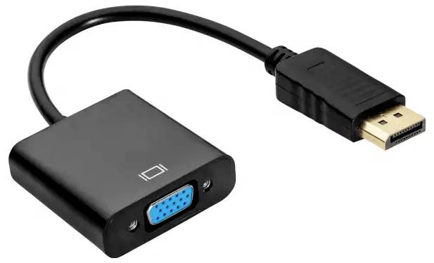 Černý adaptérový kabel s konektorem DisplayPort a zásuvkou VGA pro připojení moderních zařízení ke starším monitorům.