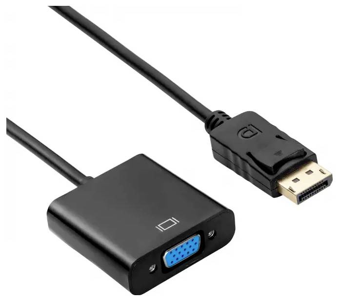 Černý adaptér s DisplayPort konektorem a VGA připojením, používaný pro propojení zařízení s různými rozhraními.