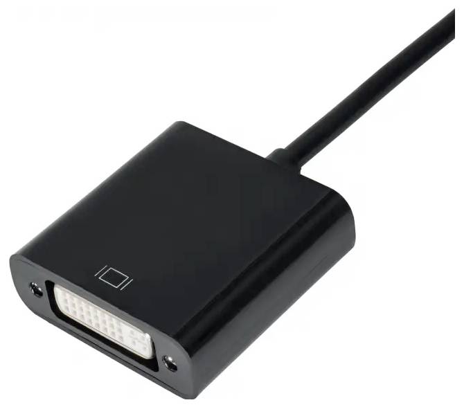 Černý DVI-na-HDMI adaptér s kabelem, slouží k propojení zařízení s různými video konektory.