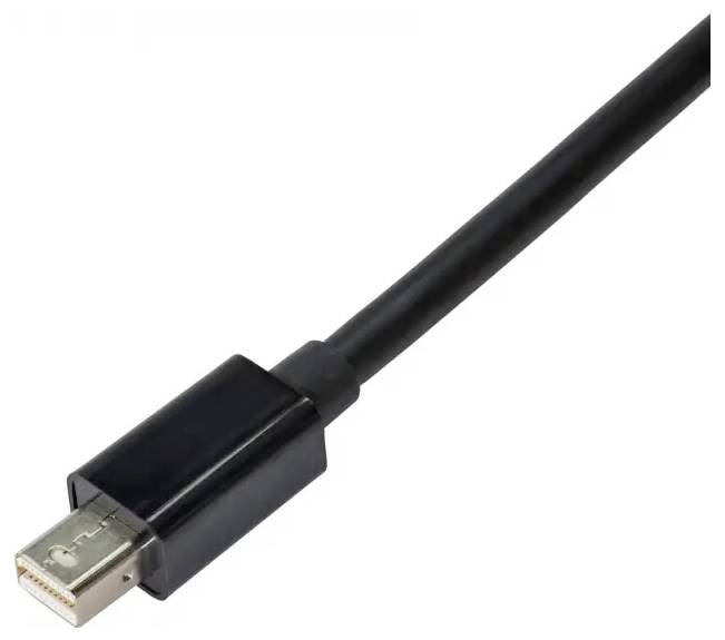 Černý kabel s Mini-DVI konektorem, vhodný pro připojení monitorů nebo projektorů ke kompatibilním zařízením.