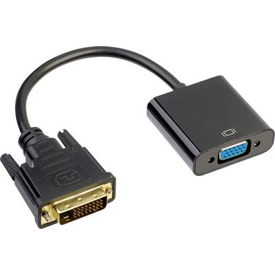 Černý adaptérový kabel s DVI konektorem na levé straně a VGA zásuvkou na pravé straně.