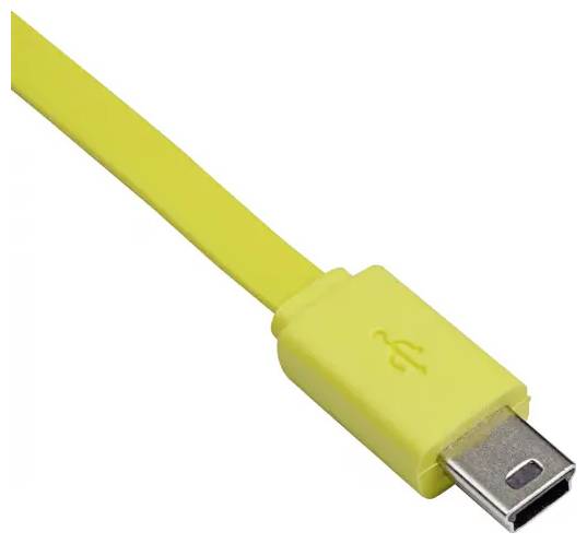 Žlutý USB kabel s Mini-USB konektorem na bílém pozadí.