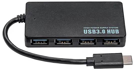 USB 3.0 hub se čtyřmi USB porty a krátkým propojovacím kabelem.