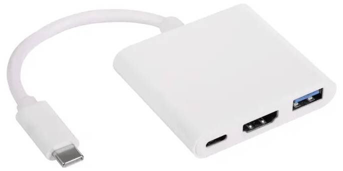 USB-C adaptér s konektory pro HDMI, USB-A a USB-C. Ideální pro připojení moderních notebooků k různým periferním zařízením.