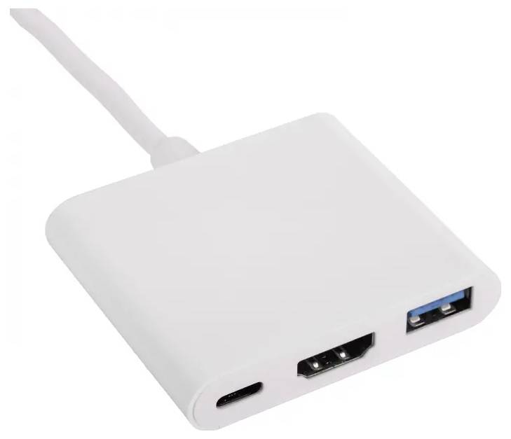 Bílý adaptér s USB-C, HDMI a USB-A konektory, připojený kabelem, na bílém pozadí.